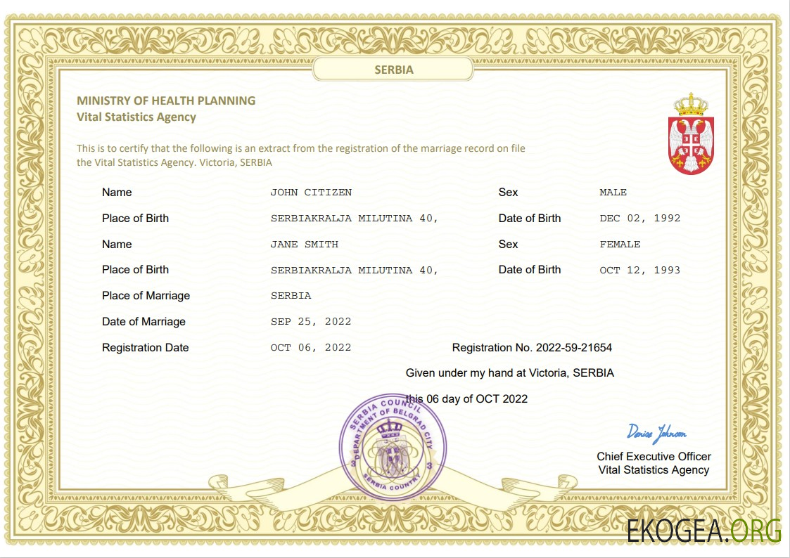 Modèle Word et PDF de certificat de mariage en Serbie